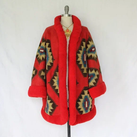 Vintage Valentino Boutique Shearling leather suede Aztec Tribal jacket coat - Picture 4 of 13